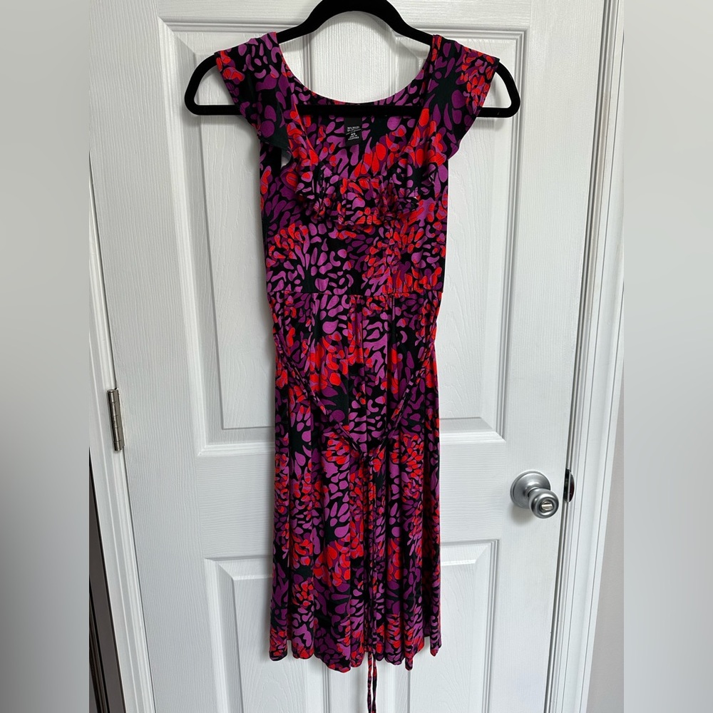 Hot color of the season! New York and Co dress with ruffle neckline and belt
